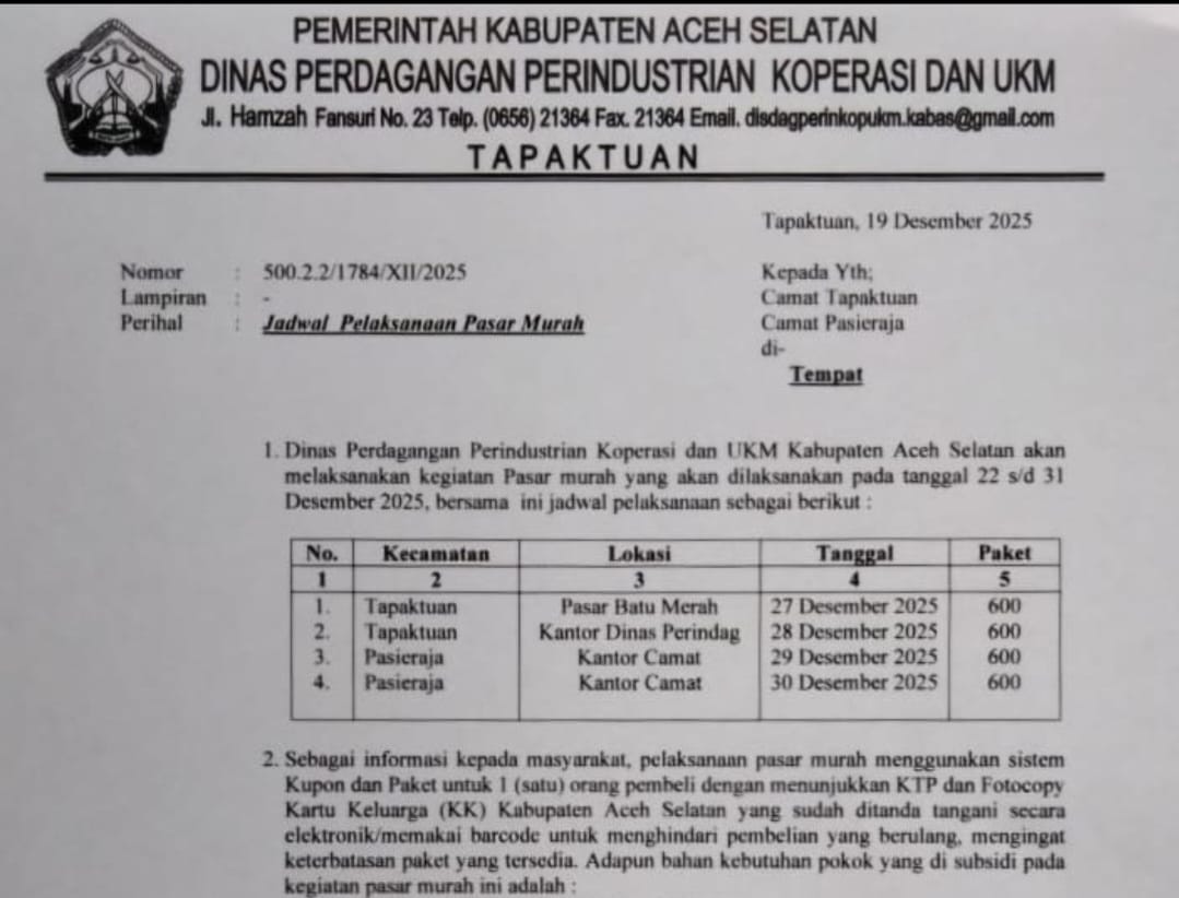 Disperindagkop Aceh Selatan Gelar Pasar Murah di Sejumlah Titik, Jadwal  Terendus baru 2 Kecamatan