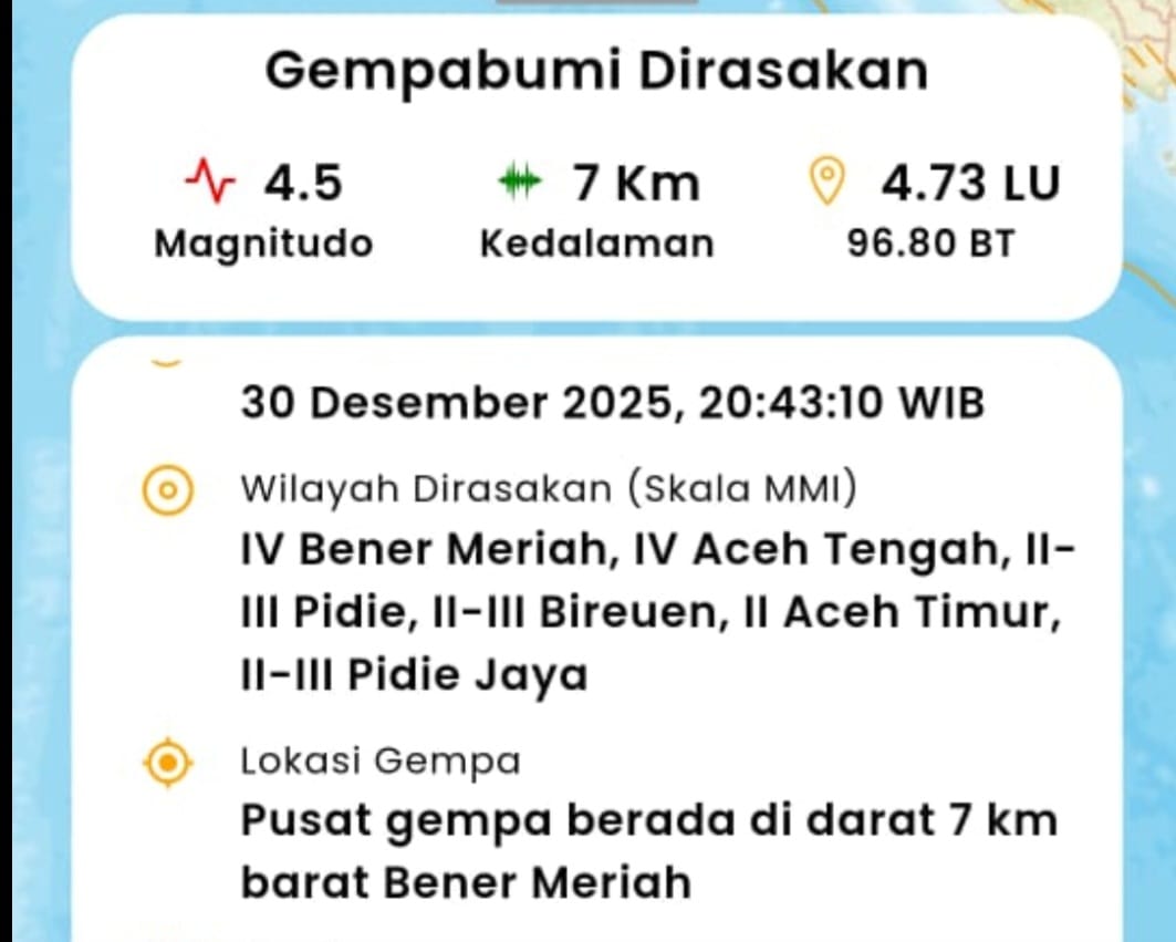 BREAKING NEWS | Bener Meriah Bergetar, Gempa Magnitudo 4,5 SR Guncang, Warga Panik Berhambaran Selamatkan diri