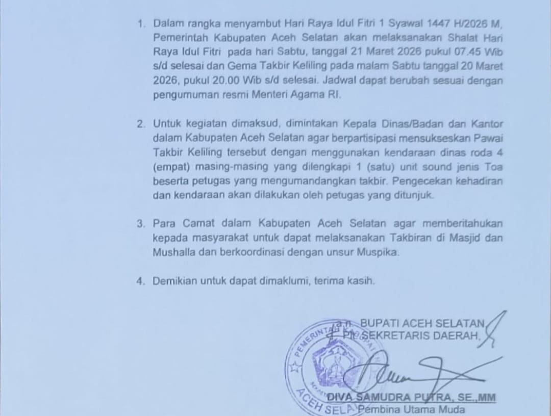 Pemkab Aceh Selatan Keluarkan Himbauan Shalat dan Takbiran Idul Fitri Sesuai Menteri Agama
