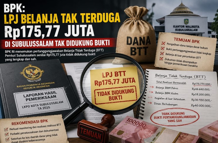 Temuan BPK, LPJ BTT Rp175,77 Juta Pemko Subulussalam Tak Didukung Bukti