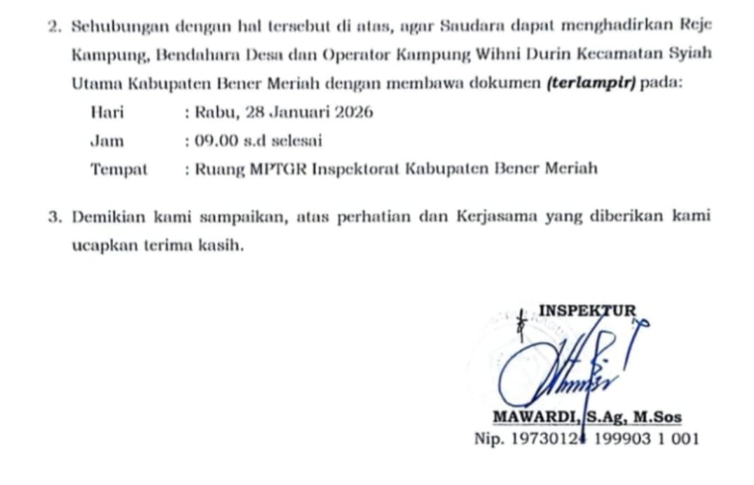 Besok Aparatur Desa Dipanggil, Inspektorat Bener Meriah Bidik Pengelolaan DD Wihni Durin