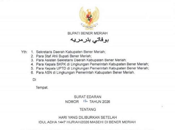Pemkab Bener Meriah tetapkan hari Jumat Tambahan Hari Libur Idul Adha 1447 H