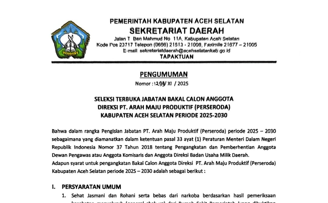 Aceh Selatan Buka Seleksi Terbuka Balon Direksi BUMD PT Arah Maju Produktif, Ini Persyaratannya