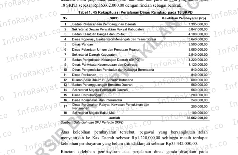 LHP TA 2024 BPK-RI Temukan Biaya Perjalanan Dinas 20 SKPD Aceh Tenggara tidak Sesuai Ketentuan Rp120.824.700