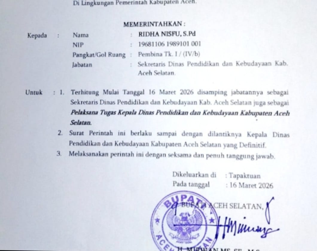 Jelang Pensiun, Plt Kadisdikbud Aceh Selatan Kembali jadi Guru, Mirwan Tunjuk Ridha Nisfu