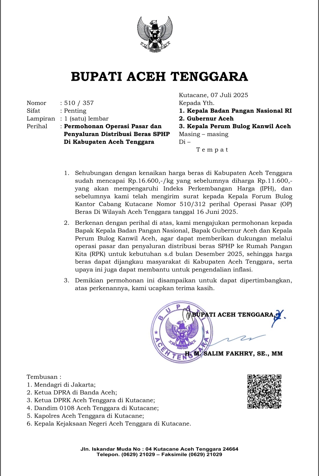 Harga Beras Melonjak, Bupati Aceh Tenggara Surati Badan Pangan Nasional, Gubernur dan Bulog Minta Operasi Pasar