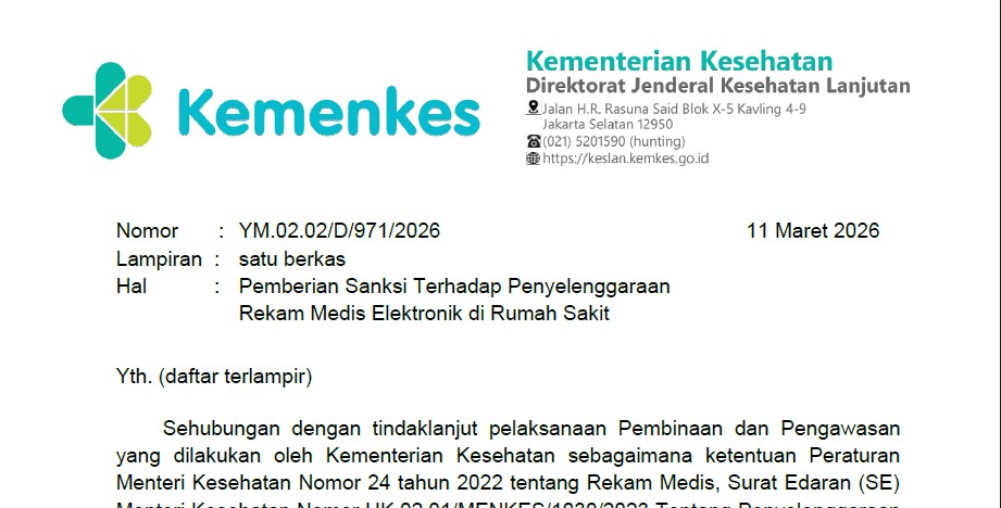 Kemenkes RI Keluarkan SE, Sanksi Terhadap Penyelenggaraan Rekam Medis Elektronik untuk 1.306 RS
