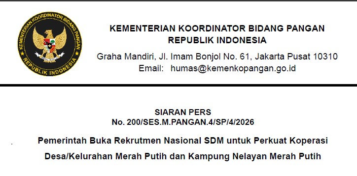 Lowongan Kerja!! Menko Pangan Buka Rekrutmen Nasional SDM untuk KDMP dan KNMP, 35.476 Pekerja jadi Pegawai BUMN