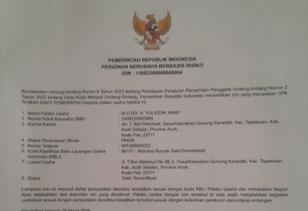 SIO RSUD-YA Tapaktuan Aceh Selatan Sudah Dikantongi, Proses Perpanjangan Izin Wajib Layani Pasien