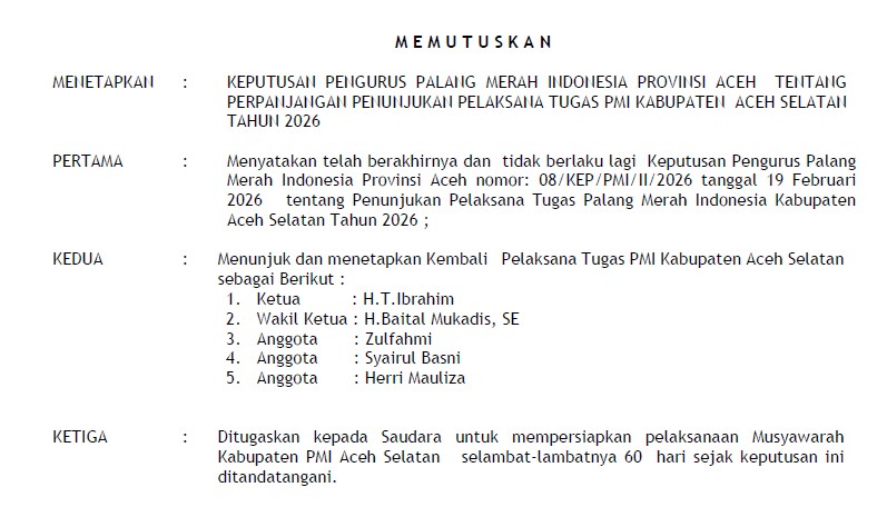 Baital Mukadis ditunjuk sebagai Plt PMI Aceh Selatan, diberi Jadwal 60 hari gelar Musyawarah