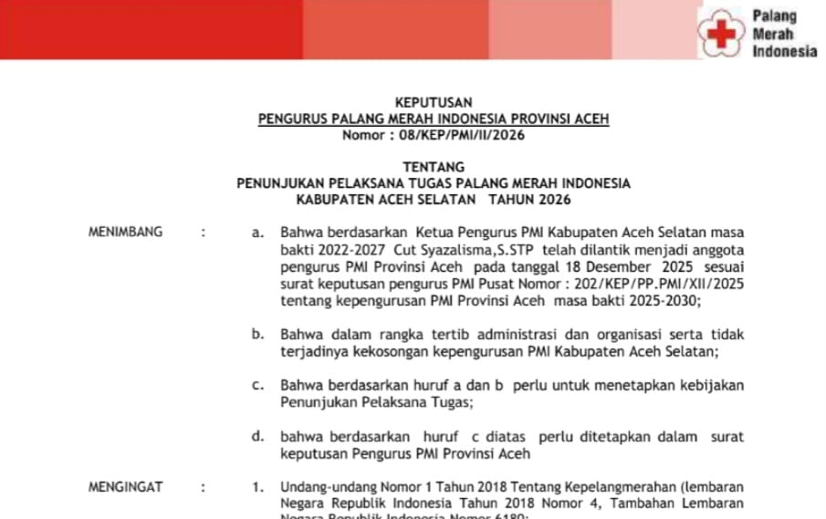 Tambal Kekosongan Pengurus Aceh Selatan, PMI Aceh berikan Jadwal 90 hari gelar Musyawarah kepada Plt