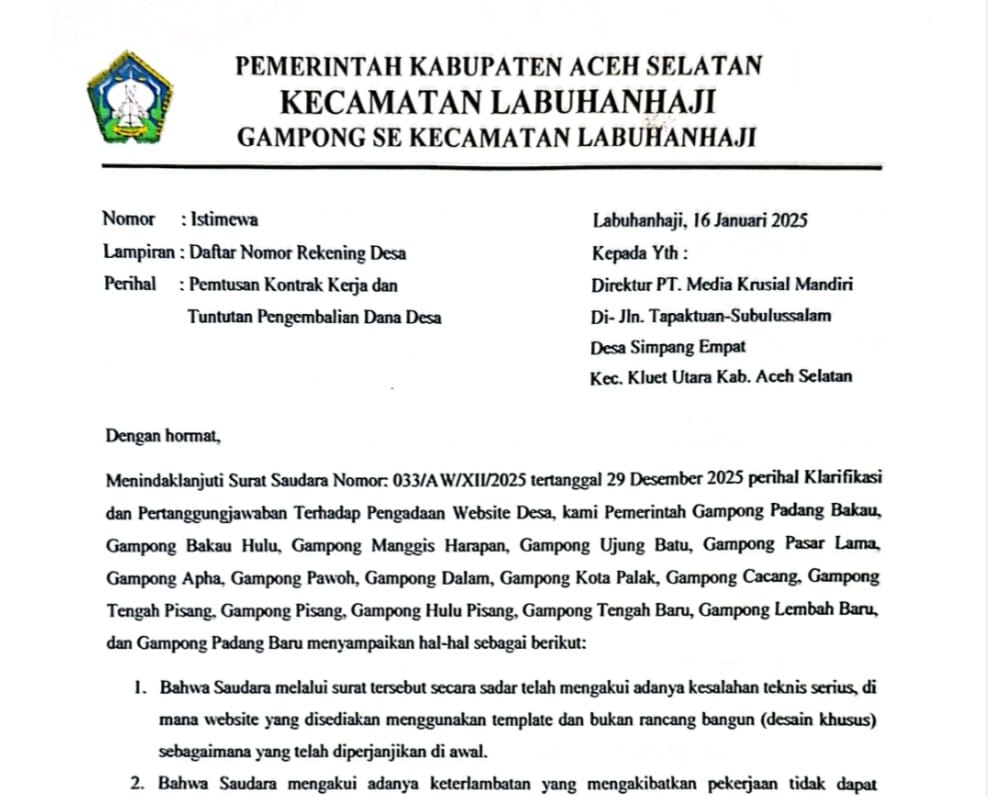 Usai Tapaktuan Pertanyakan Website Desa, Giliran Labuhan Haji Putuskan Kontrak Kerja PT MKM