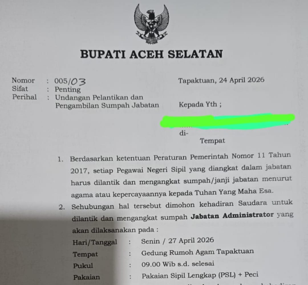 BREAKING NEWS | Puluhan Pejabat Eselon III Pemkab Aceh Selatan akan dilantik besok